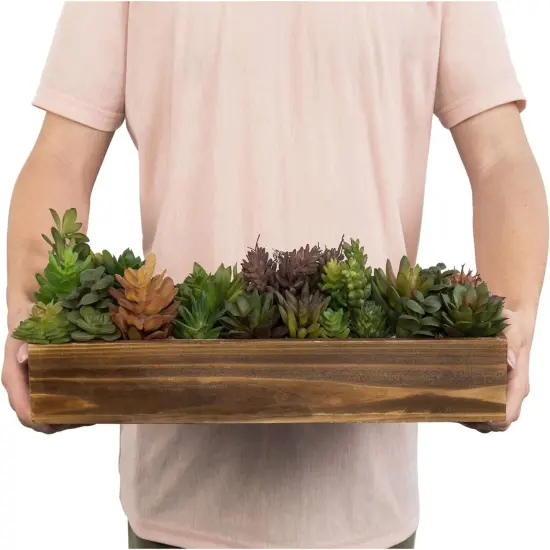Artificial Succulent Centerpiece, 15.75 Inch Faux Succulents Arrangement Plants in Rustic Burnt Wood Rectangular Planter Box {5}
