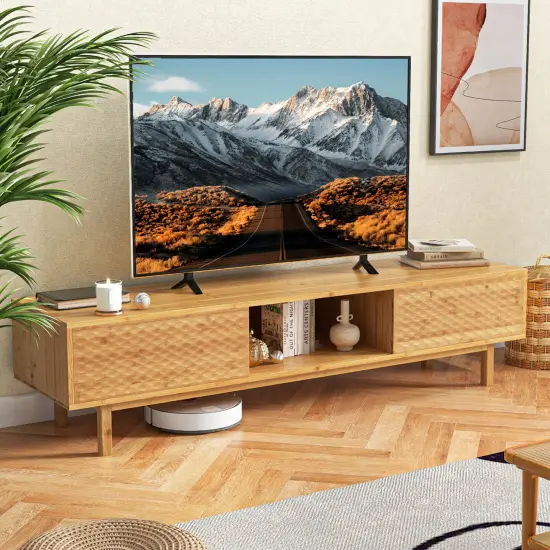 Costway 63" Bamboo TV Stand with 3 Storage Cubes Sliding Doors Mid Century Storage Cabinet {5}