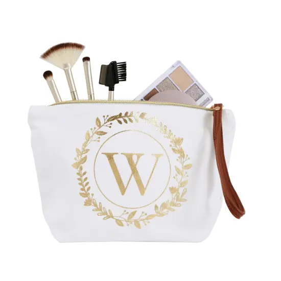 Gold Initial W Personalized Makeup Bag for Women, Monogrammed Canvas Cosmetic Pouch (White, 10 x 3 x 6 In) {7}
