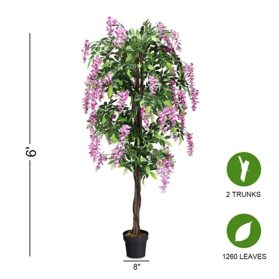 Costway 2 PCS 6 FT Artificial Wisteria Silk Tree Pink Flower Indoor-Patio Home {3}