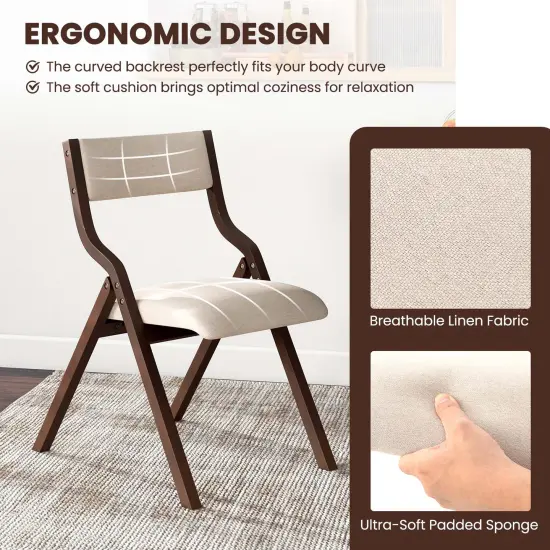 Costway Folding Dining Chair Set of 2 Wooden Upholstered Modern Linen Fabric Padded Seat {5}