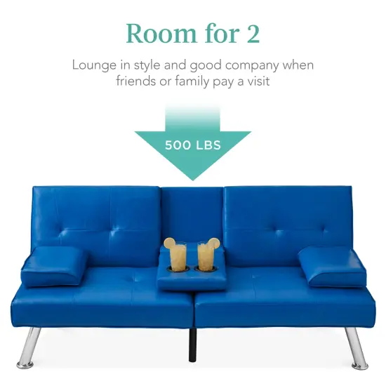 Best Choice Products Modern Faux Leather Convertible Futon Sofa w/ Removable Armrests, 2 Cupholders Royal Blue {3}