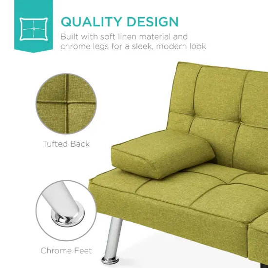 Best Choice Products Modern Linen Convertible Futon Sofa Bed w/ Removable Armrests, Metal Legs, Cupholders Chartreuse {5}