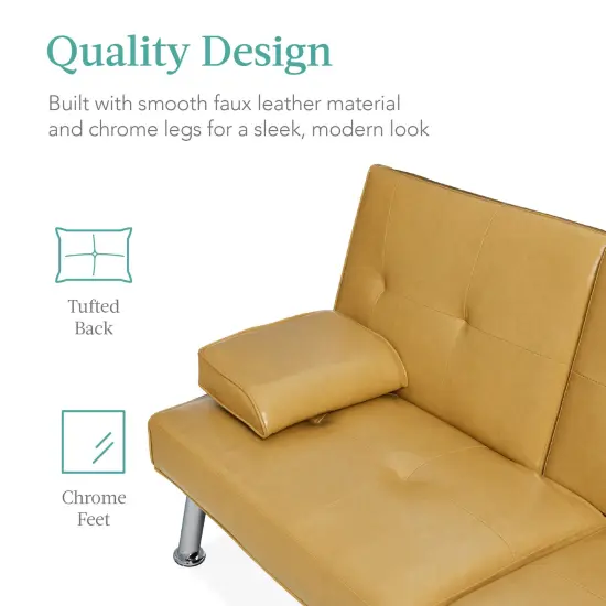 Best Choice Products Modern Faux Leather Convertible Futon Sofa w/ Removable Armrests, 2 Cupholders Camel Yellow {5}