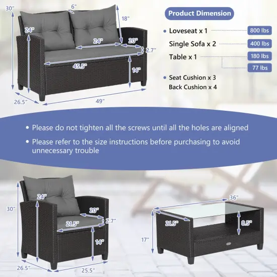 Costway 4 PCS Patio Rattan Furniture Set Glass Table Shelf Sofa Cushion Gray {3}