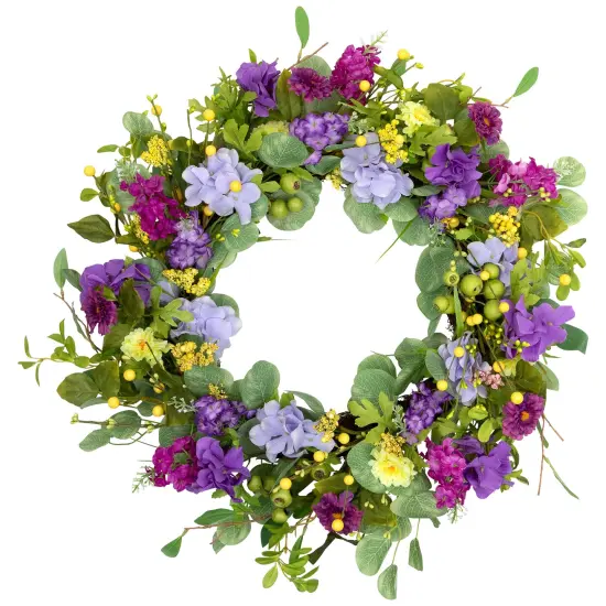 Northlight Eucalyptus and Hydrangea Artificial Spring Floral Wreath - 24" - Purple {3}