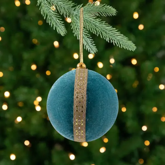 Northlight Velour Christmas Ball Ornament with Ribbon Stripe - 3.25" - Teal Green {1}