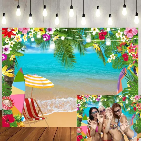 Summer Hawaiian Beach Backdrop for Photography Tropical Flower Aloha Backdrop Blue Sky Ocean Palm Leaves Background Birthday Party Decor Baby Shower Photoshoot {2}