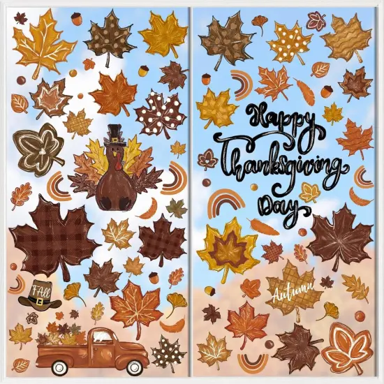 8 Sheets Thanksgiving Fall Leaves Window Clings Decals {1}