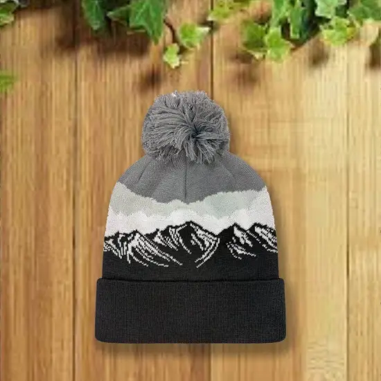 1 Count Grand Recycled Beanie Double Layered Knit with Jacquard Design and Pom Misty Peaks/Black {1}