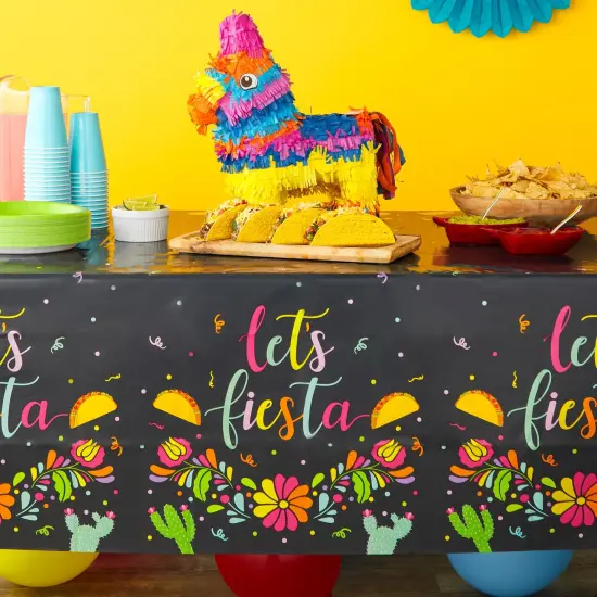 3 Pack Let&rsquo;s Fiesta Table Covers for Cinco de Mayo Decorations, Mexican Taco Party Supplies (54 x 108 In) Black {2}