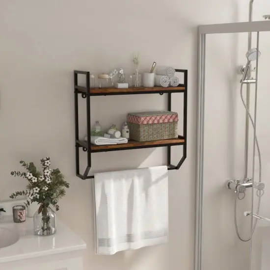 Rustic Brown Wall Mounted Bathroom Shelf with Towel Bar Modern 2 Tier Over Toilet Storage Rack {4}