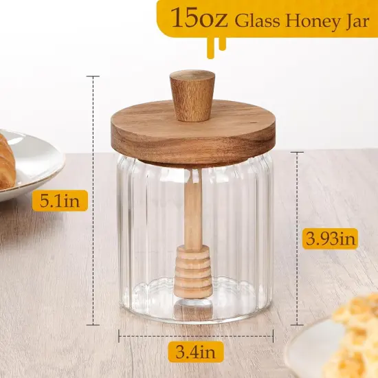 15oz Glass Honey Jar with Dipper Stick and Wooden Lid, Honey Pot with Wooden Dipper, Airtight Honey Containers with Dipper {2}