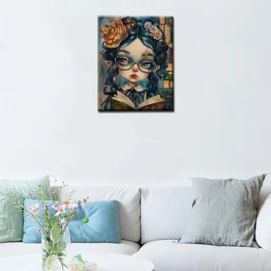 Cute Girl Wearing Glasses DIY Paint by Numbers,Student Reading Book Oil Canvas Painting Kit for Kids & Adults,16X20 inches Graffitic Library Scene Paintwork Acrylic Pigment,Home Decor(Frameless) {4}