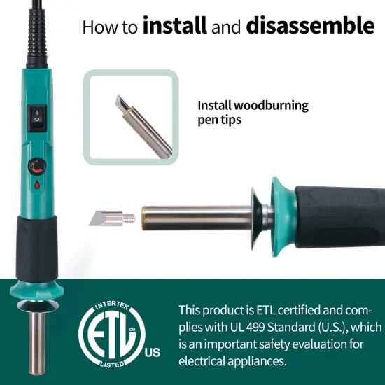 Pyrography Wood Burning Pen Kit Adjustable Temperature, Power Switch, Heat Deflector, Rubber Grip with 10 Pyrography Tips, 2 Wood Pieces, Flip-Up Pen Stand, for Woodburning DIY Crafts {2}