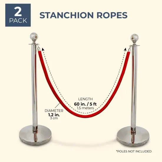 Set of 2 Red Velvet Stanchion Rope - 5 ft Control Barriers with Polished Silver Hooks {3}