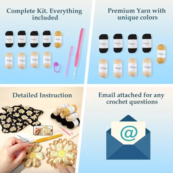 Crochet Kit for Intermediate or Advanced Levels, Complete Craft Kit for a Floral Daisy Shawl with Step by Step Video Tutorials Detailed Instructions, Perfect Holiday Gift or DIY Project (Black) {4}