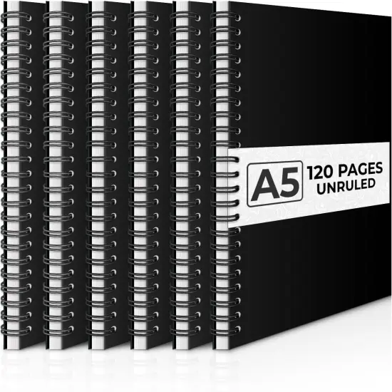 Unlined Spiral Notebook, 6 Pack, 8.3 x 5.8", 120 Pages (60 Sheets), Thick Black Water Resistant Cover, Thick No-Bleed 100 GSM Blank Paper, A5 Unlined Notebook, Travel Journal, Small Blank Sketchbook {1}