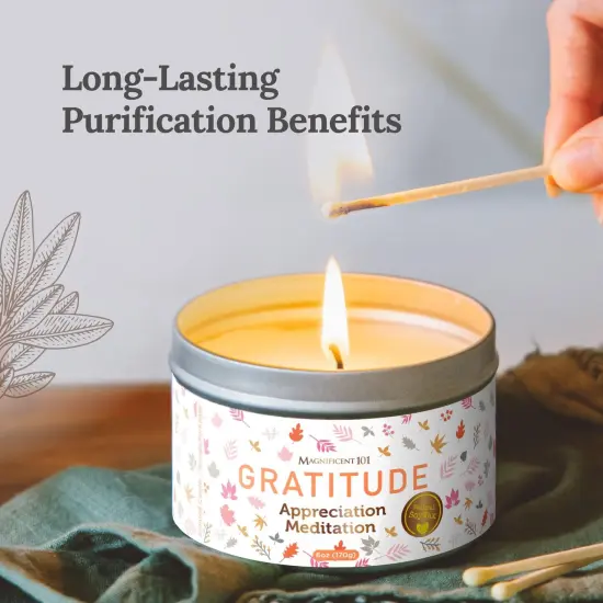 Magnificent 101 Long Lasting Gratitude Smudge Candle | 6 Oz - 35 Hour Burn | Paraffin Free Sage Scented Soy Wax Candle for Appreciation, House Energy Cleansing & Manifestation Multicolor {2}