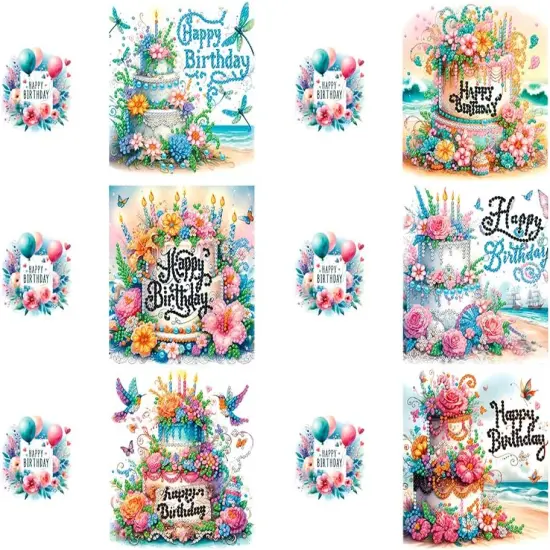 6 Packs Happy Birthday Diamond Painting Greeting Cards with Envelop, Birthday Cake Diamond Art Cards, Flower Bird Butterfly Diamond Greeting Card Arts Kit for Birthday {3}