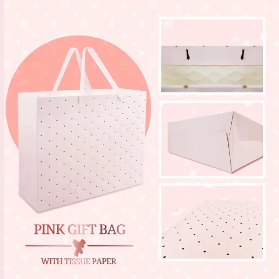 Pink Gift Bags with Tissue Paper and Handles, Large 13'' and Medium 9'' Paper Gift Bag for Girls Bridal Shower Wedding Anniversary Birthday Mothers Day {4}