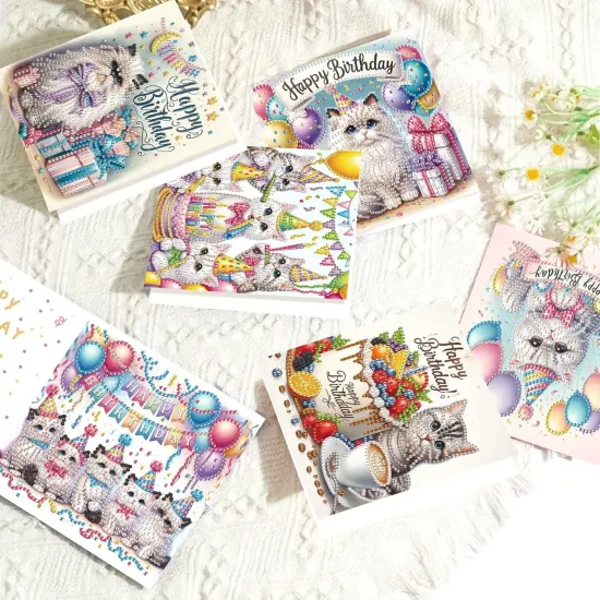 6pcs Diamond Painting Greeting Cards for Blessings and Wishes - Cat DIY Birthday card Special Shape Crystal Diamond Art Partial Mosaic Making Craft, Paper Material, Gift for Christmas Thanksgiving Day {5}