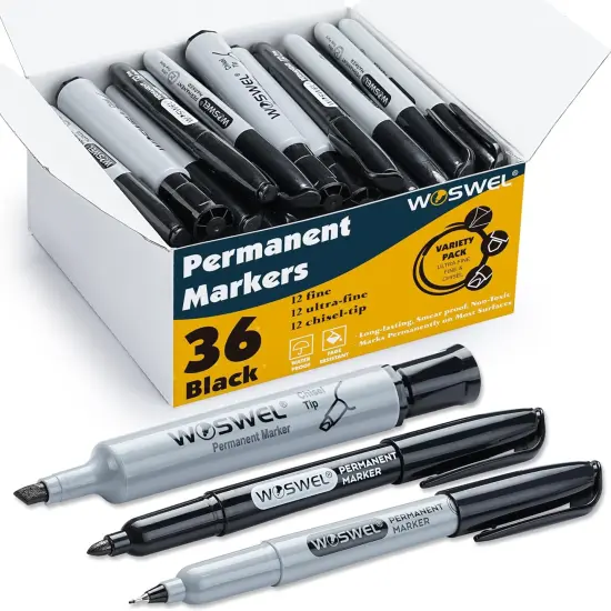 Permanent Markers 36 Variety Pack Bulk,Featuring Ultra-Fine,Chisel Tip,And Fine Tip Marker Set,Writing And Poster Black Markers,Works on Plastic,Wood,Stone,Metal and Glass for Doodling, Marking {1}