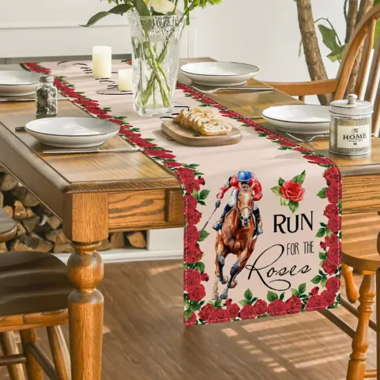Run for The Roses Horse Race Kentucky Derby Table Runner, Sports Kitchen Dining Table Decoration for Home Party Decor 13x72 Inch {4}