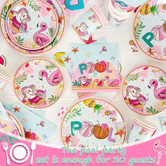 Summer Pool Party Decorations- 121PCS Pink Pool Plates and Napkins Set Beach Party Cups Tablecloths Flamingos Unicorns {3}