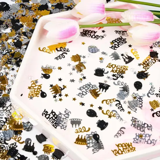 Happy Birthday Confetti, 1.6 oz Black Gold Silver Cake Balloon Star Goblet Bottle Glitter Confetti for Happy Birthday Party Decorations Boys Girls Kids Women Men Birthday Table Decorations {5}