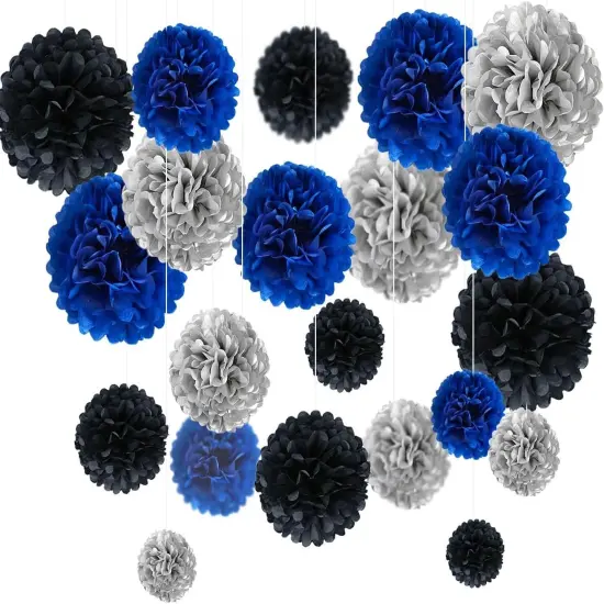 Navy Blue,Silver,Black Tissue Paper Pom Poms Flower Set-27PCS Ideal for Birthday,Bridal Showers,Wedding,Baby Shower Party Decorations (12",10",8",6) {1}