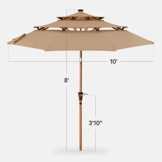 Best Choice Products Woodgrain Pattern 10ft 3-Tier Solar Patio Umbrella w/ 24 LED Lights, Tilt Tan {2}