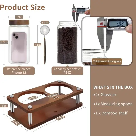 Glass Coffee Grounds Container with Shelf, 2 &times; 45 oz Glass Coffee Canisters with Airtight Thread Lid, Glass Storage Jars with Stainless Steel Spoon for Coffee Bean, Sugar,Nut {3}