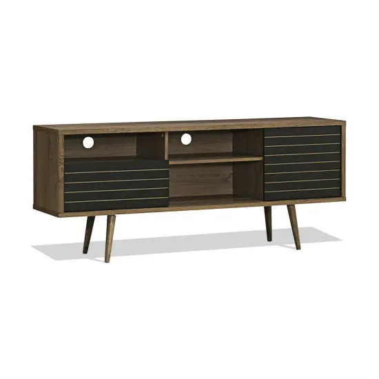MDF Modern TV Stand, 65 inches Mid-Century, Storage Shelves and Safe Walnut & White {8}