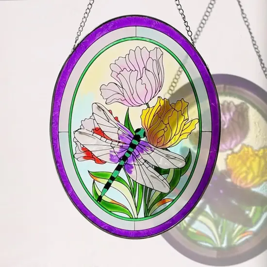 Summer Stained Glass Window Hanging Dragonfly Suncatchers 10 Inch Glass Panel Sun Catchers Indoor Window Wall Art, Stained Glass Dragonfly Light Catchers for Windows Handmade Glass Art Gift {1}