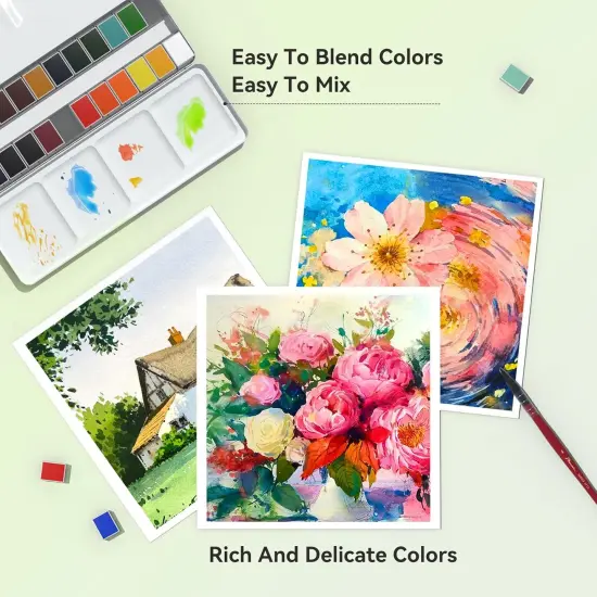 24 Colors Solid Watercolor Paint Set, Vibrant and Highly Pigmented Colors, Removable Pans and Built-in Palette, Portable Metal Case for Students, Beginners, and Outdoor Sketching {1}