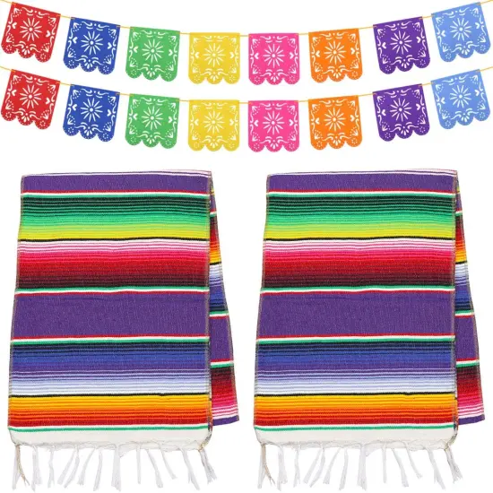 2 Packs Mexican Table Runner 14 x 84 inch, Serape Table Runner for Mexican Party Wedding Decorations Outdoor Picnics Dining Table, Fringe Cotton Table Runners with 2 Pack Mexican Party Picado {1}