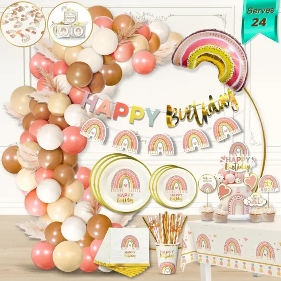 310 Pcs Boho Rainbow Birthday Decorations - Boho Balloon Arch Kit, Party Supplies serves 24, Banner, Garland, Cake and Cupcake Toppers, Confetti, Bohemian First, Pastel Dusty Pink Nude Blush Brown {1}
