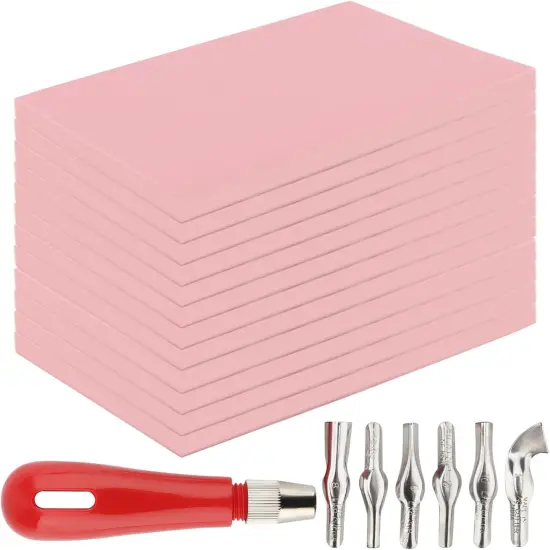 12 Pcs 4" x 6" Pink Rubber Carving Blocks, Soft Rubber Crafts Rubber Stamping Blanks with Carving Tools, Linoleum Blocks for Printmaking {1}