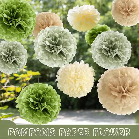 15 PCS Sage Green Pom Pom Decorations Sage Green Party Decorations Olive Green Decor Paper Flowers for Wall Sage Green Birthday Bridal Neutral Baby Shower Wedding Decor {4}