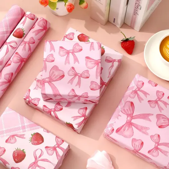 3 Rolls Pink Bow Wrapping Paper -Mini Roll- 17 In x 16.4 Ft Plaid Bow-Knot Strawberry Gift Wrap Paper for Holiday Wedding Baby Shower Birthday Party Wrapping Supplies {4}