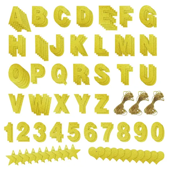 126 Pieces Make Your Own Banner Kit - DIY Banner with Gold Glitter Letters A-Z, Numbers 0-9, Hearts, Stars, and 3 Strings {1}