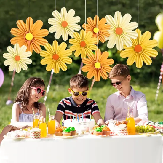 9 PCS Orange Paper Flowers Decorations for Wall Paper Fans Daisy Decoration Paper Floral Backdrop Decor Paper Fans Decoration {4}