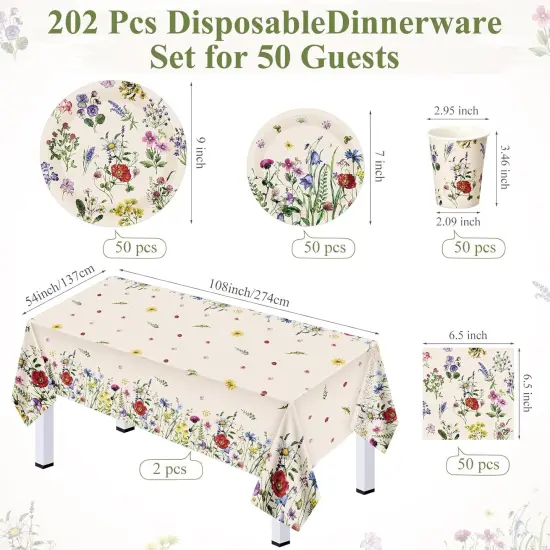 202 Pcs Widflower Party Decoration Supplies Floral Paper Plates Napkins Cups Butterfly Wildflower Tablecloth for Summer (Widflower 3,Retro) {2}