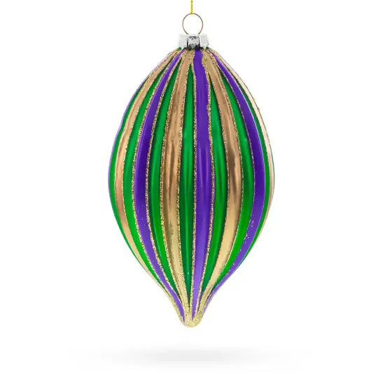 Striped Purple, Green, and Gold Teardrop Finial Glass Christmas Ornament {1}