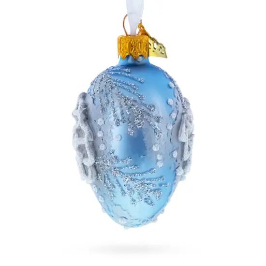 Icy Blue with Silver Pinecone and Snow Design Mini Glass Egg Ornament 2.9 Inches {3}