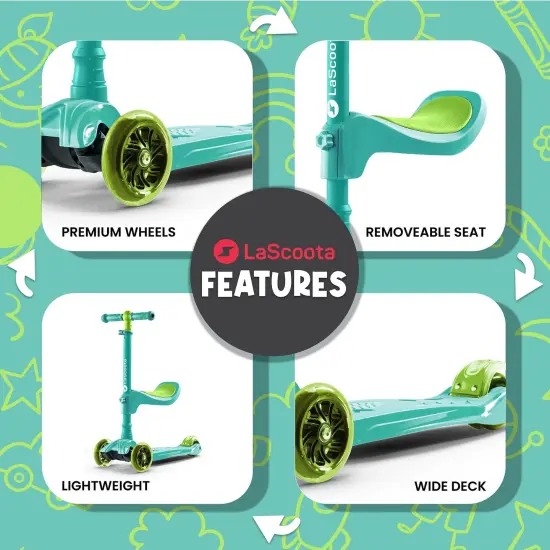 LaScoota 2-in-1 Kids Kick Scooter, Adjustable Height Handlebars and Removable Seat, 3 LED Lighted Wheels and Anti-Slip Deck, for Boys & Girls Aged 3-14 and up to 100 Lbs. Green {2}