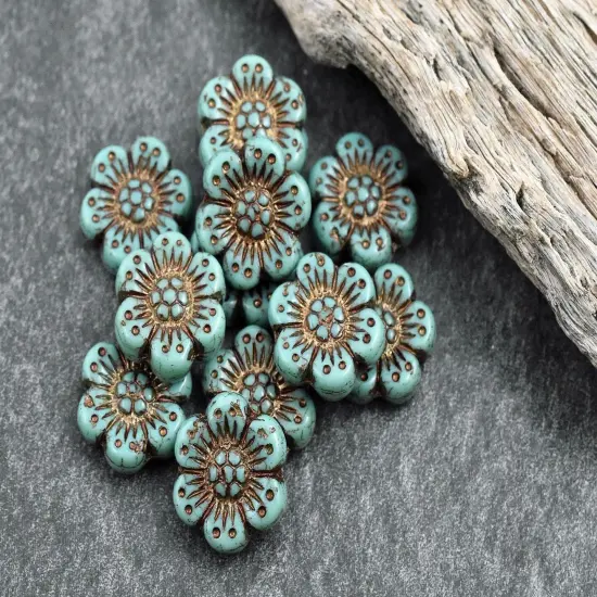 *12* 14mm Dark Bronze Washed Turquoise Wildflower Beads {4}