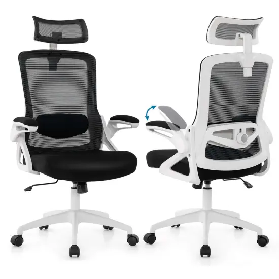 Costway Ergonomic Office Chair with Adjustable Lumbar Support Rocking Backrest Armrests Black/White {1}