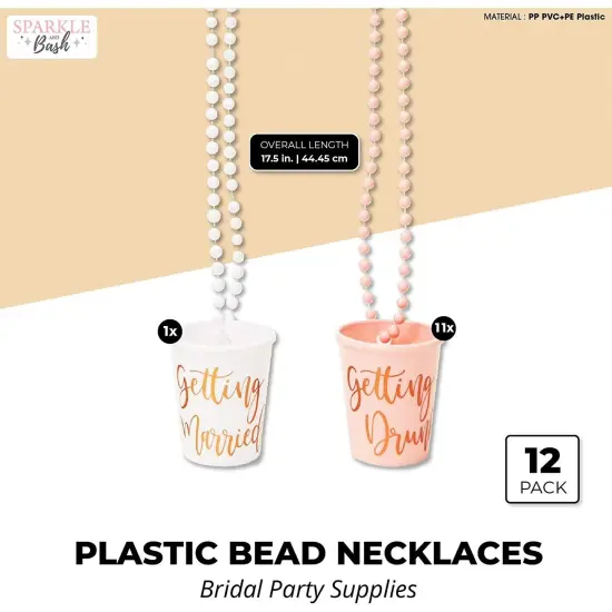 Sparkle and Bash Set of 12 Beaded Bachelorette Shot Glass Necklaces for Bridal Shower, White Bride Cup and Pink Bridesmaids Glasses, Gold Foil Design {2}